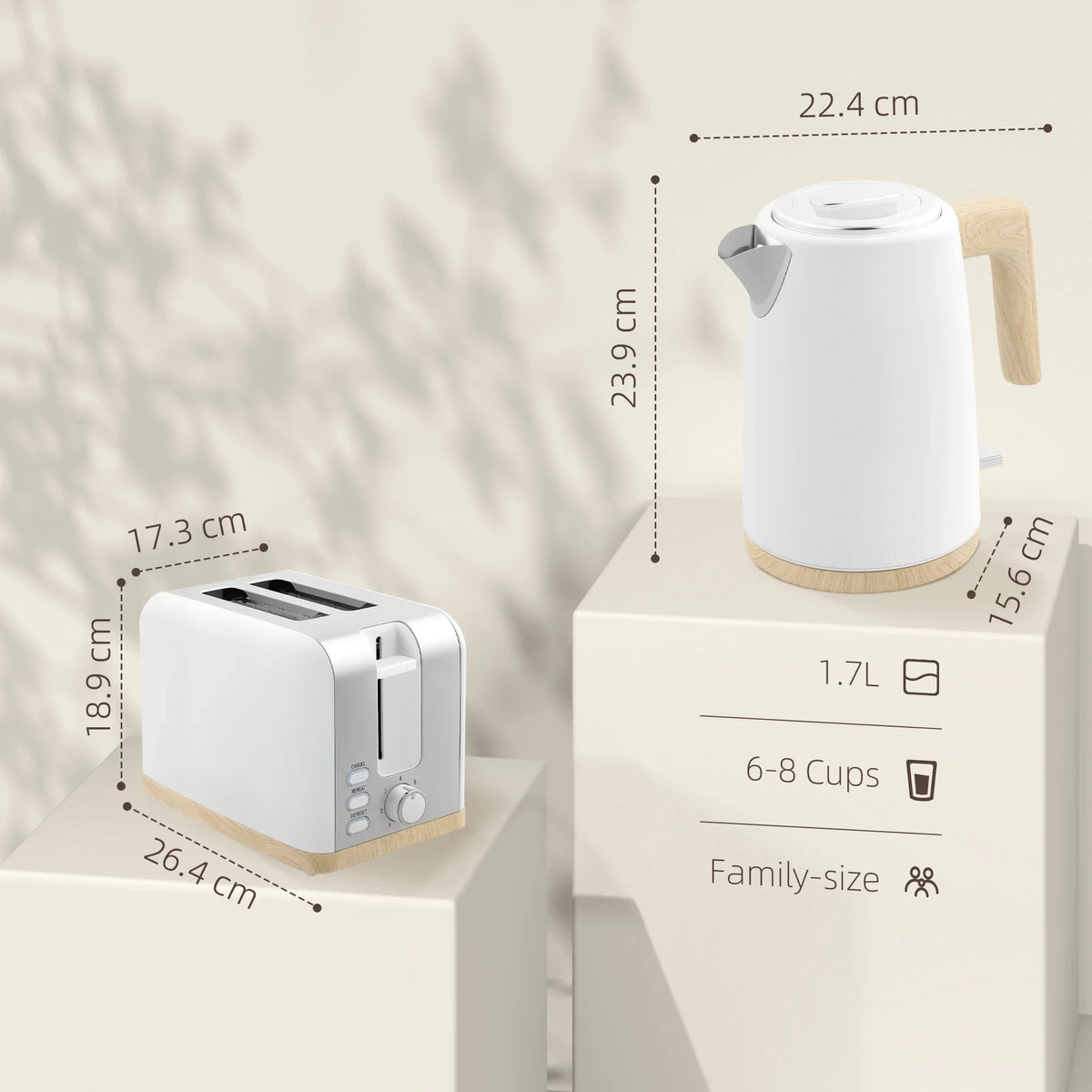 White electric kettle and toaster set with 1.7L kettle and 2-slice toaster, size view