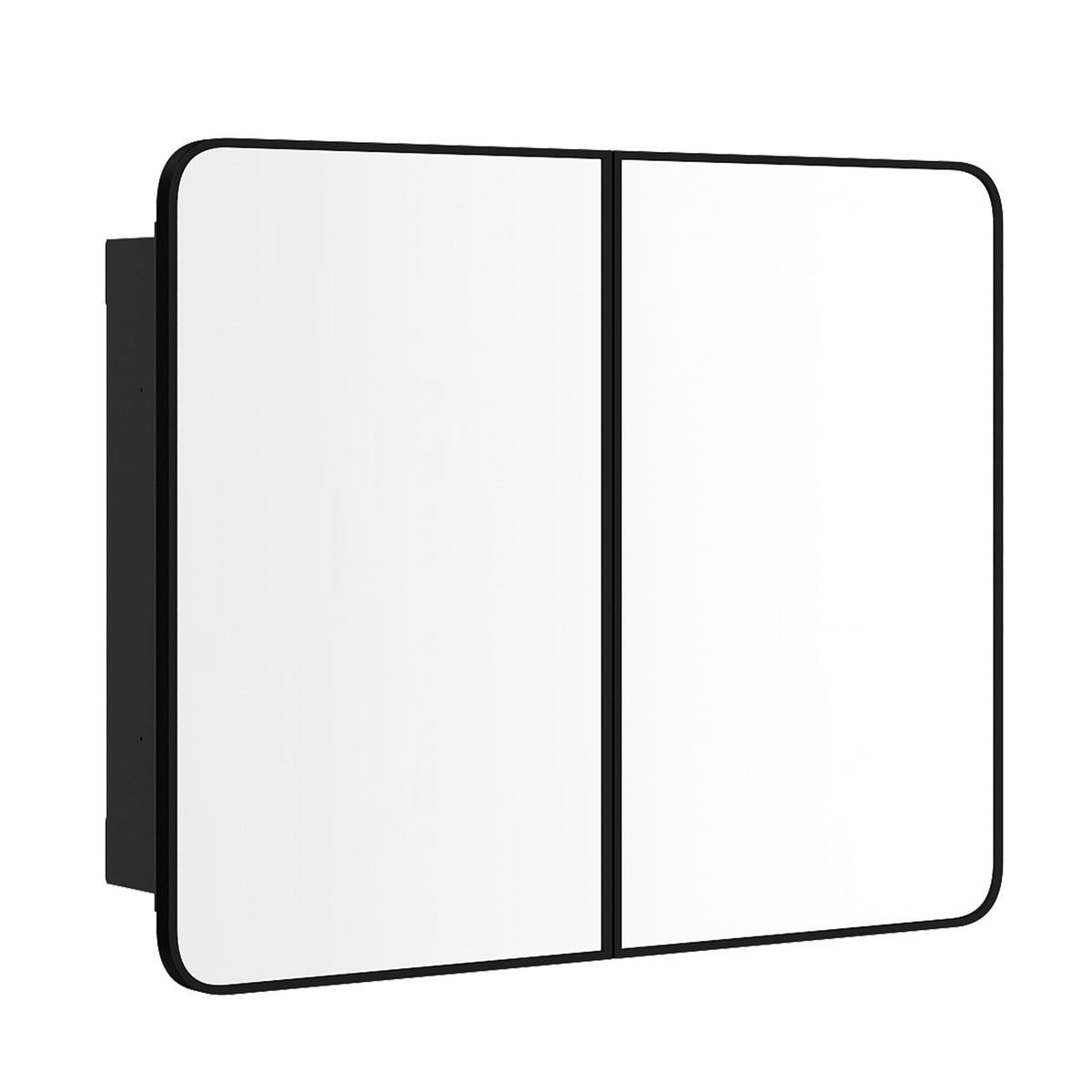 Black-framed bathroom mirror cabinet with two hinged mirrored panels, closed view