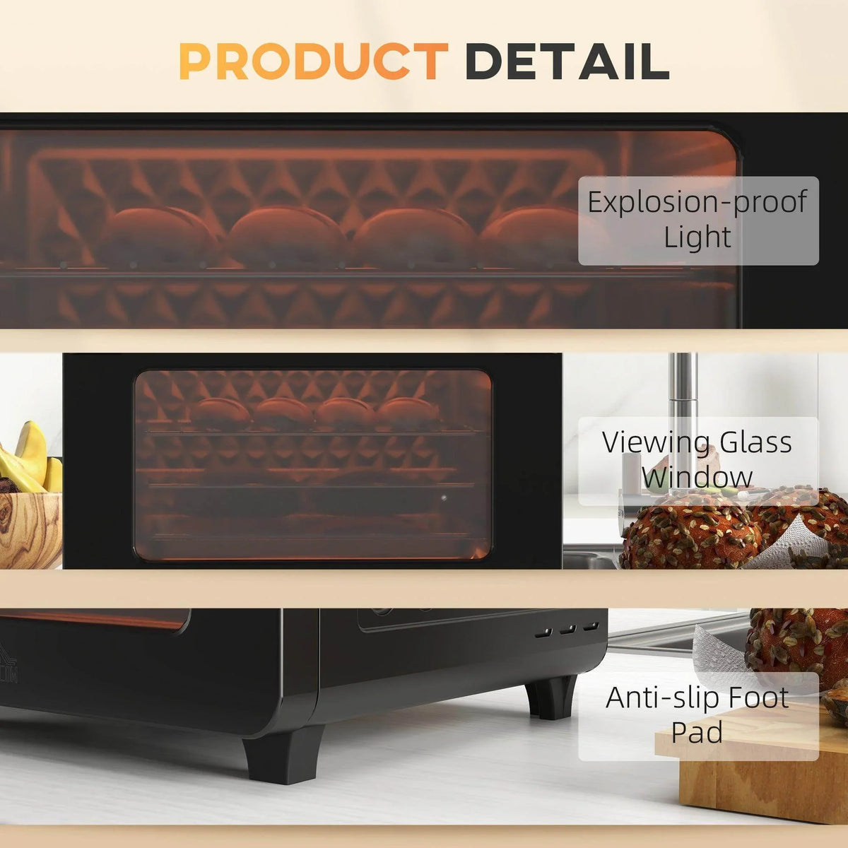 Air fryer oven detail: viewing glass window and anti-slip feet on countertop
