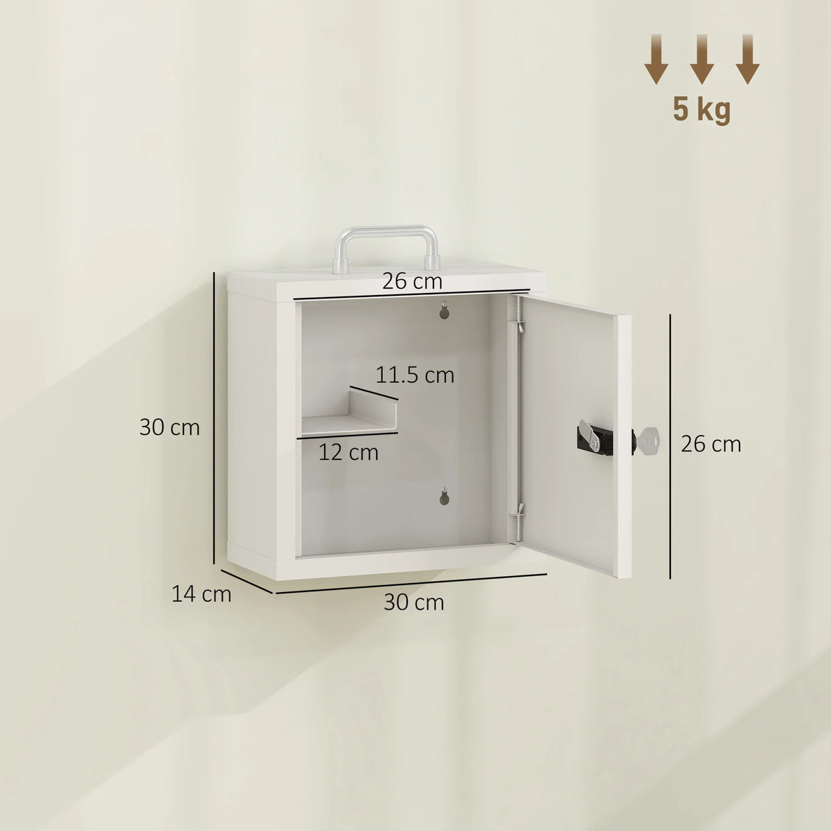 White dual-lock medicine cabinet wall mount with open doors and included dimensions