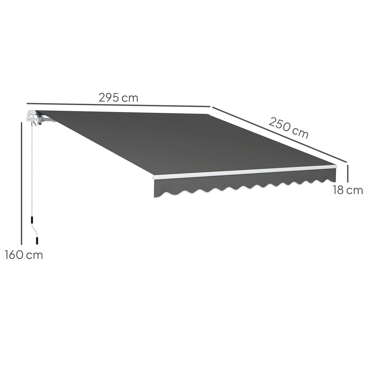 Patio awning canopy size diagram: 295 cm width, 250 cm projection, 160 cm height