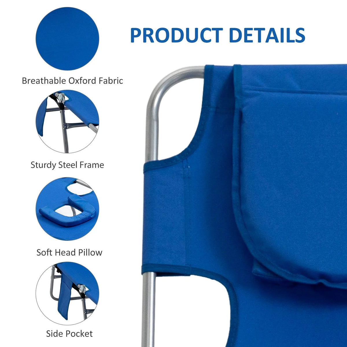 Blue breathable fabric sun lounger with soft head pillow, side pocket, steel frame