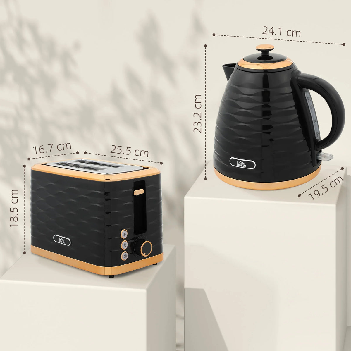 Black electric kettle and 2-slice toaster set with wood trim, front and side view
