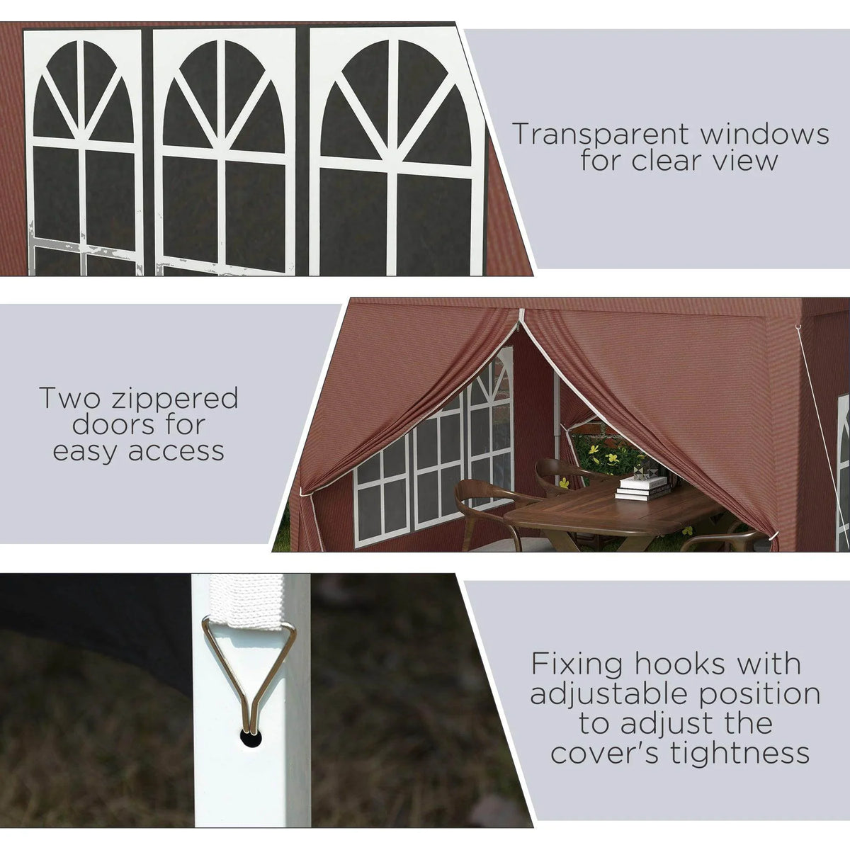 Coffee-brown gazebo end wall with arched window panels and zippered door opening