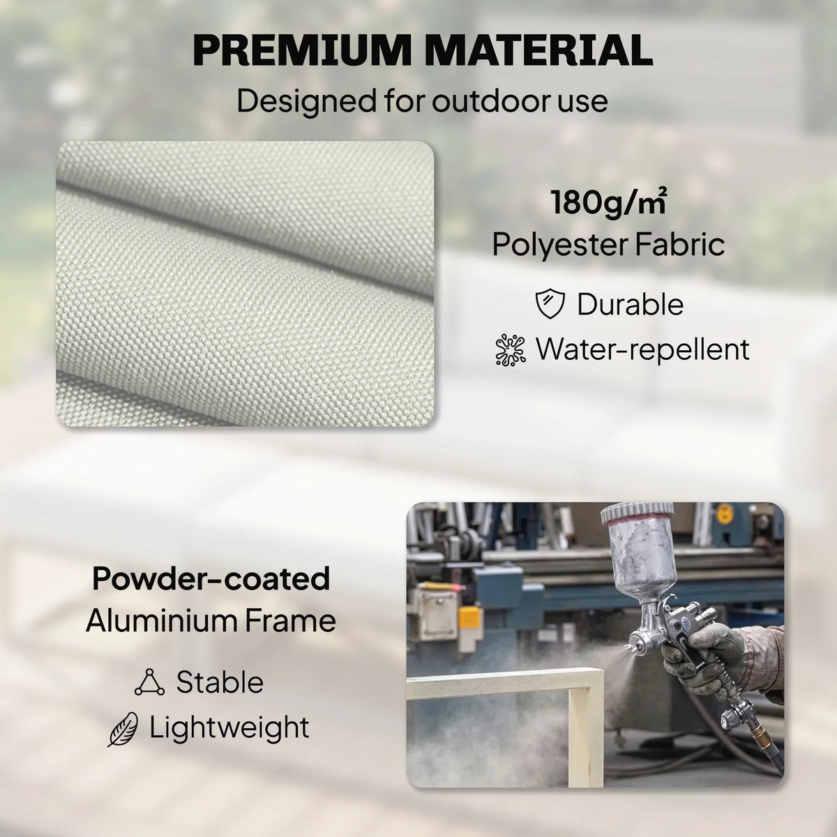 Light-gray outdoor cushion fabric with powder-coated aluminum frame close-up