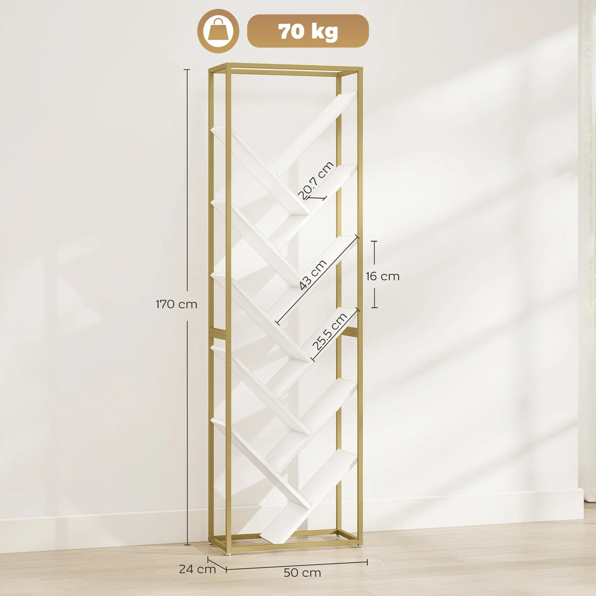 Tall 10-tier tree bookshelf with gold metal frame and white shelves, size diagram view