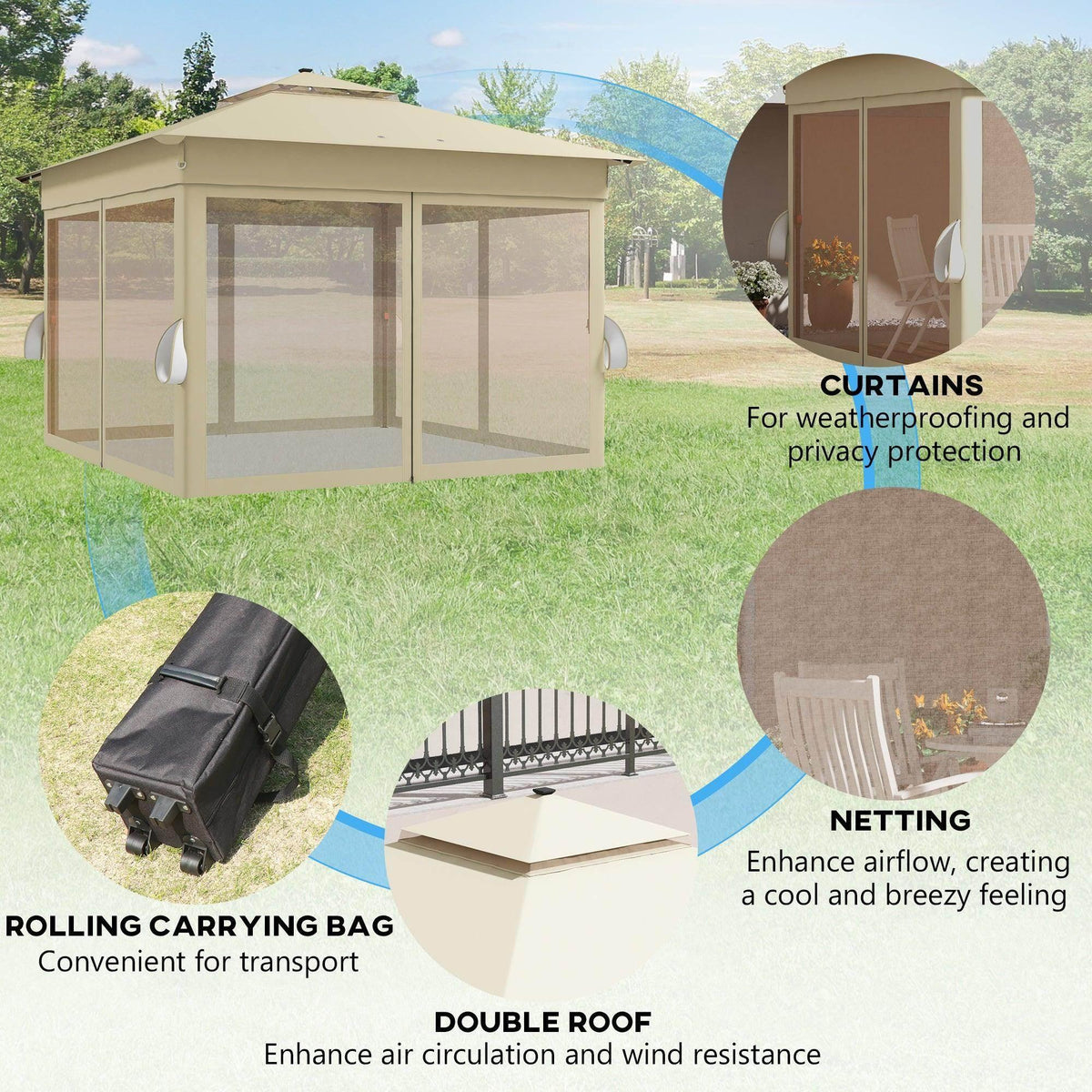 Khaki pop-up gazebo with curtains and netting plus rolling carry bag and double roof