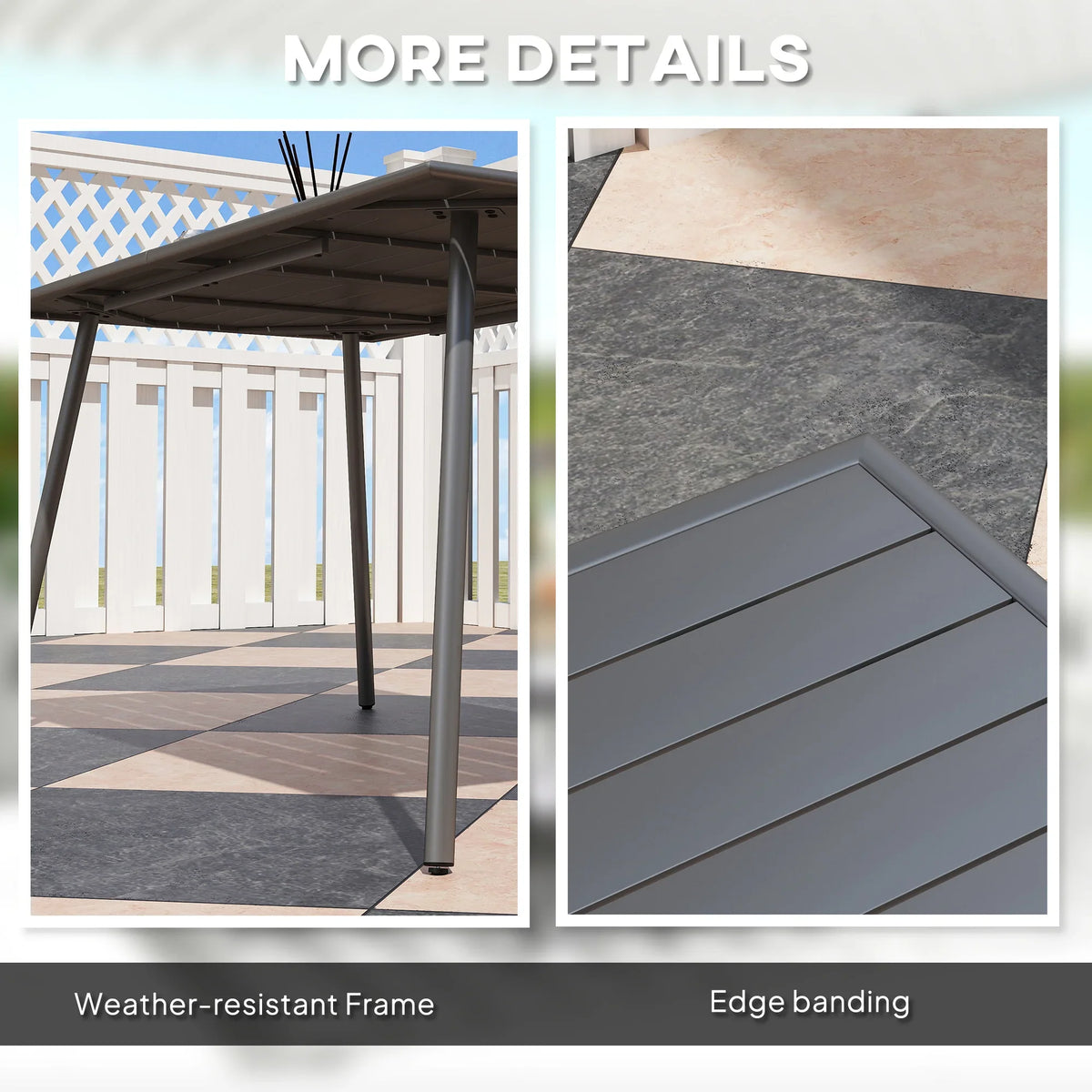 Grey outdoor steel table with slatted top and finished edge banding detail