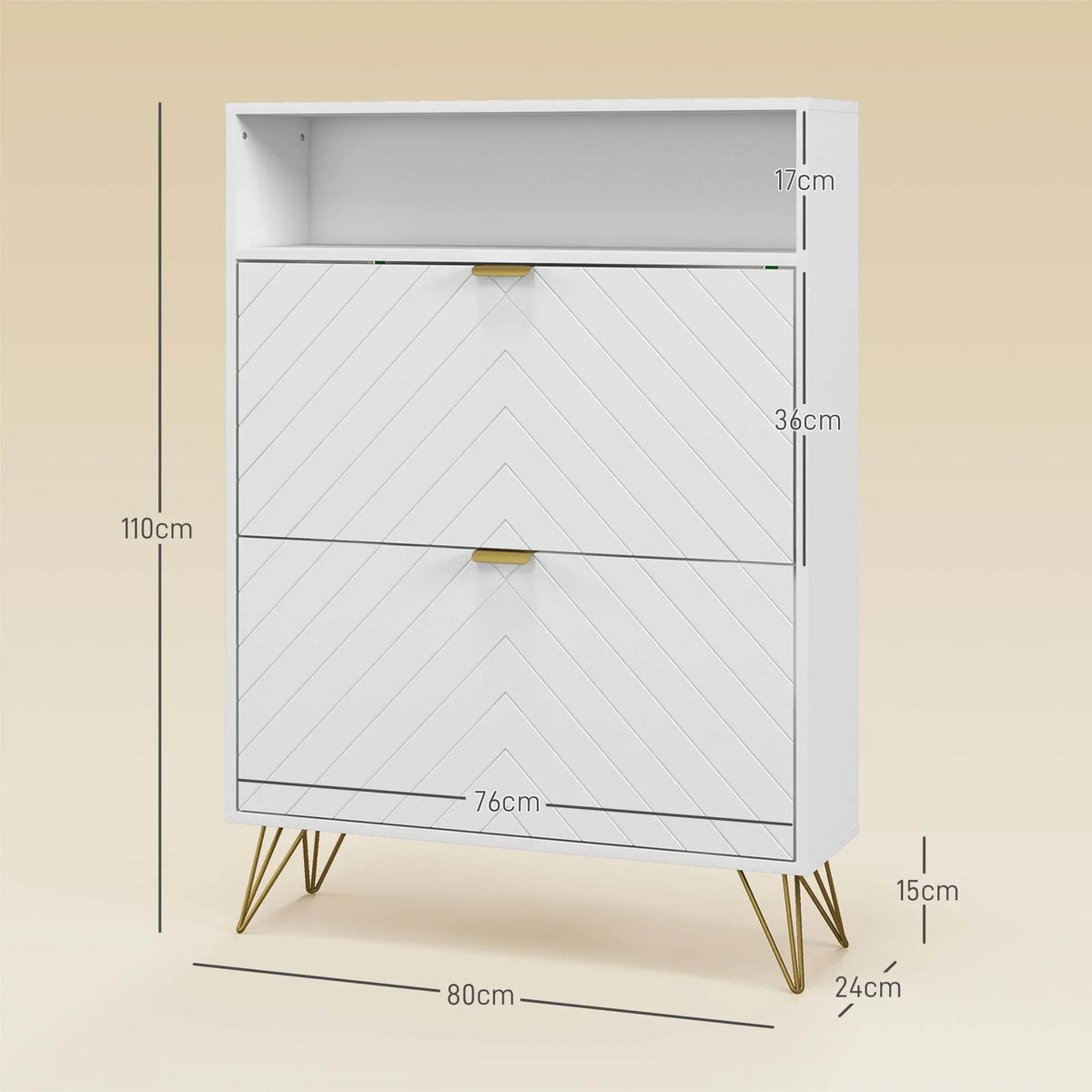 White shoe cabinet with dual flip drawers and chevron front panel, shown with measurements.