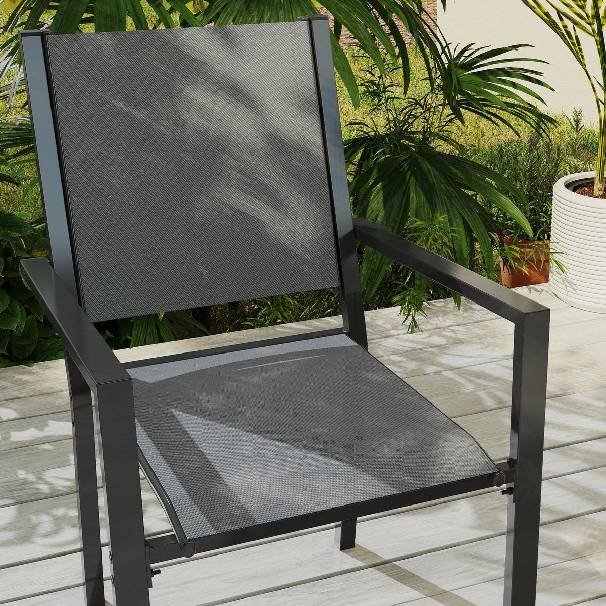 Single stackable dining chair with mesh seat and back, dark gray steel frame