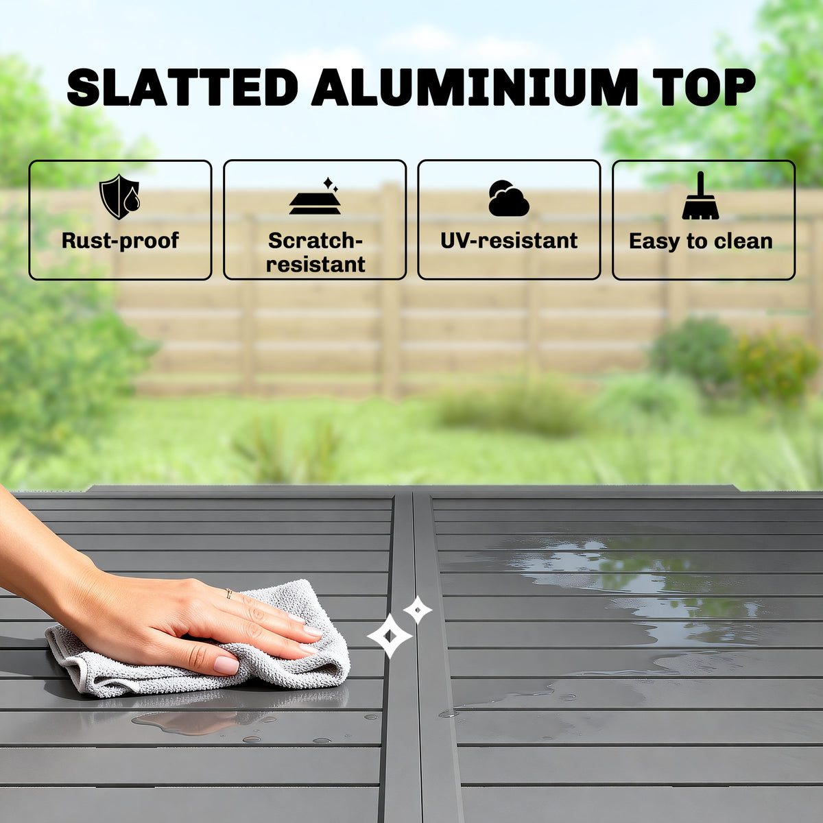 Dark grey slatted aluminum tabletop with wipe-clean surface and smooth tabletop edge