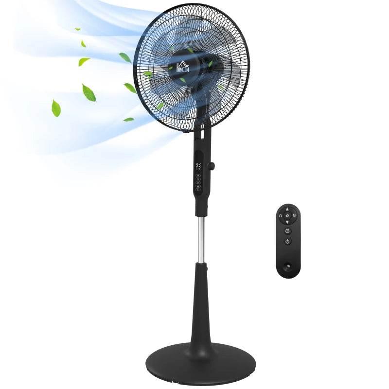 Black pedestal fan with round grille and handheld remote control