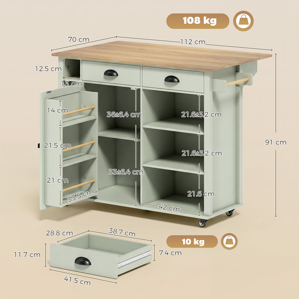 Light green kitchen island on wheels with storage cabinet—dimension diagram