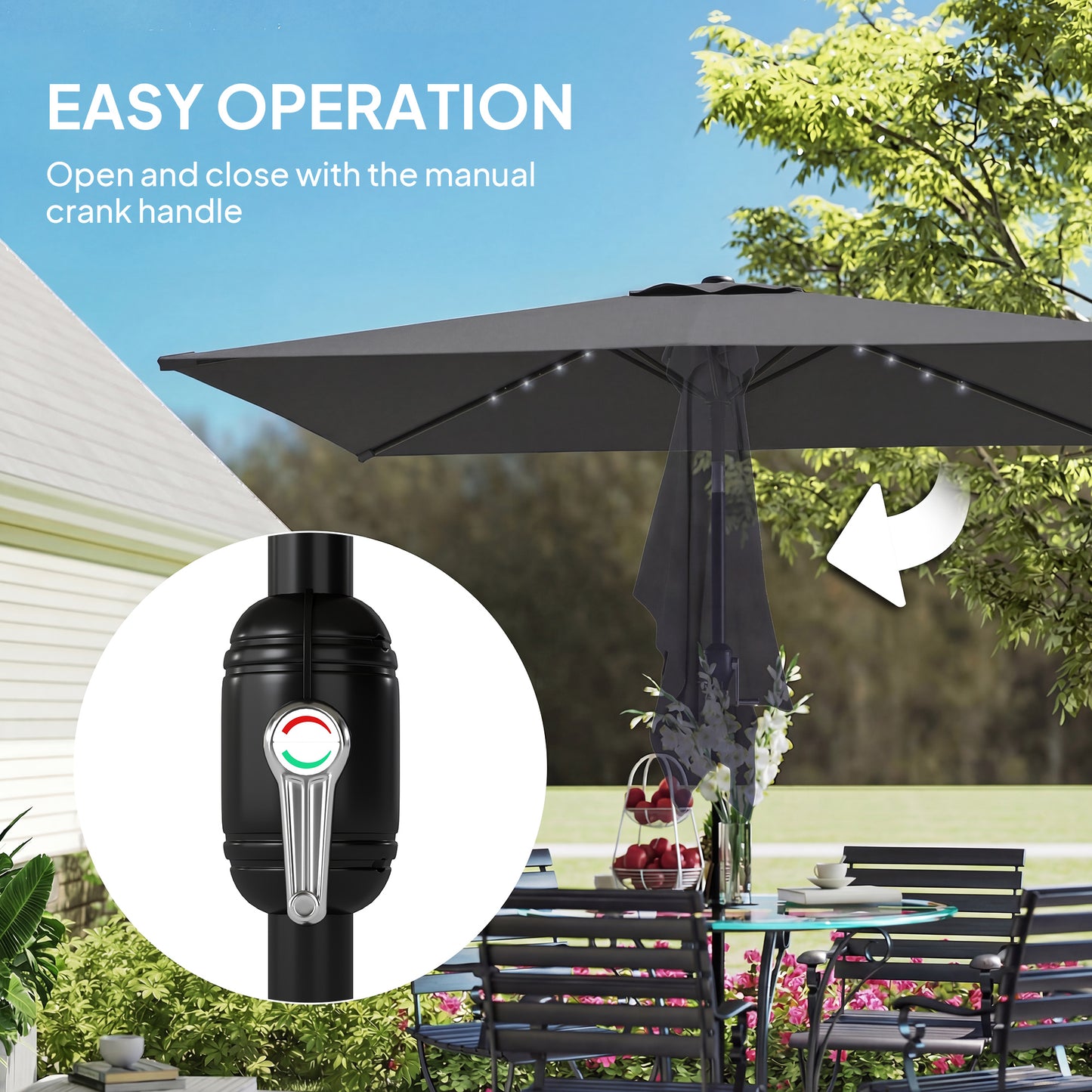 Outsunny 3 x 2 m Garden Parasol Umbrella With LED Solar Light Parasol Cover Outdoor Market Patio Umbrella Black