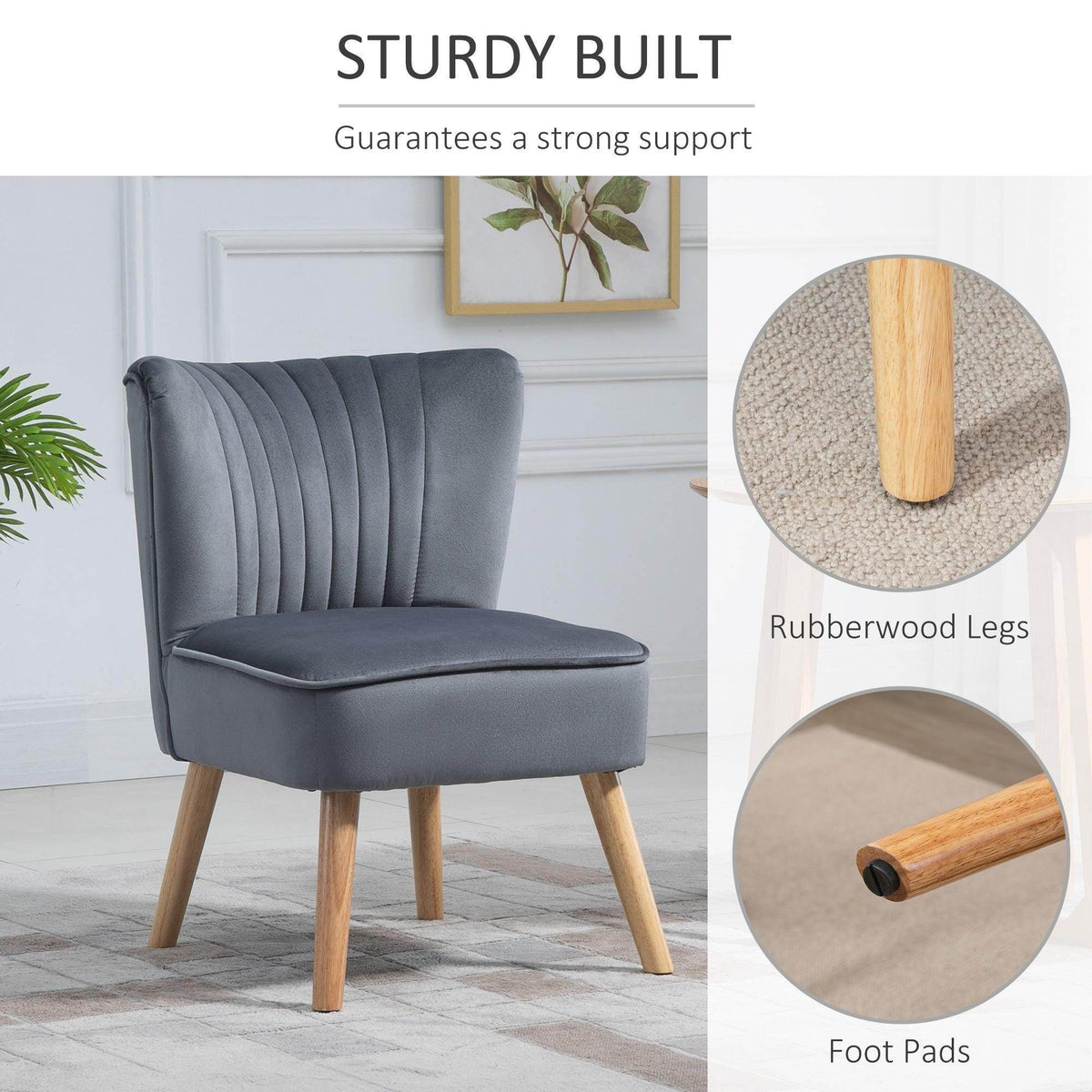 Grey velvet accent tub chair with channel-tufted back, rubberwood legs, and foot pads