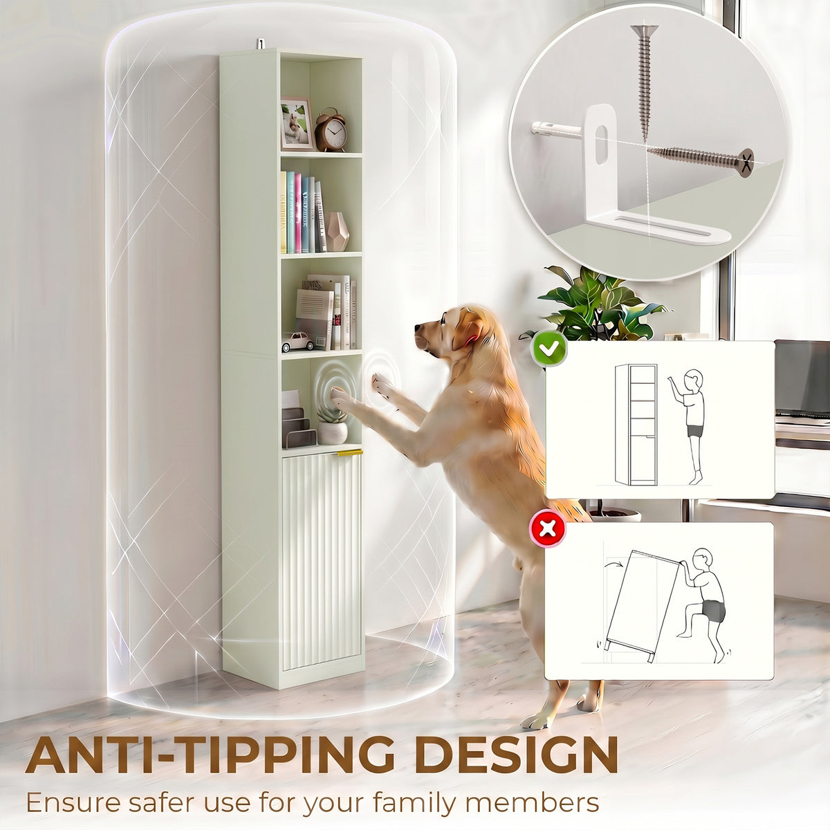 Light green bookcase with open shelves and anti-tip design hardware for safety