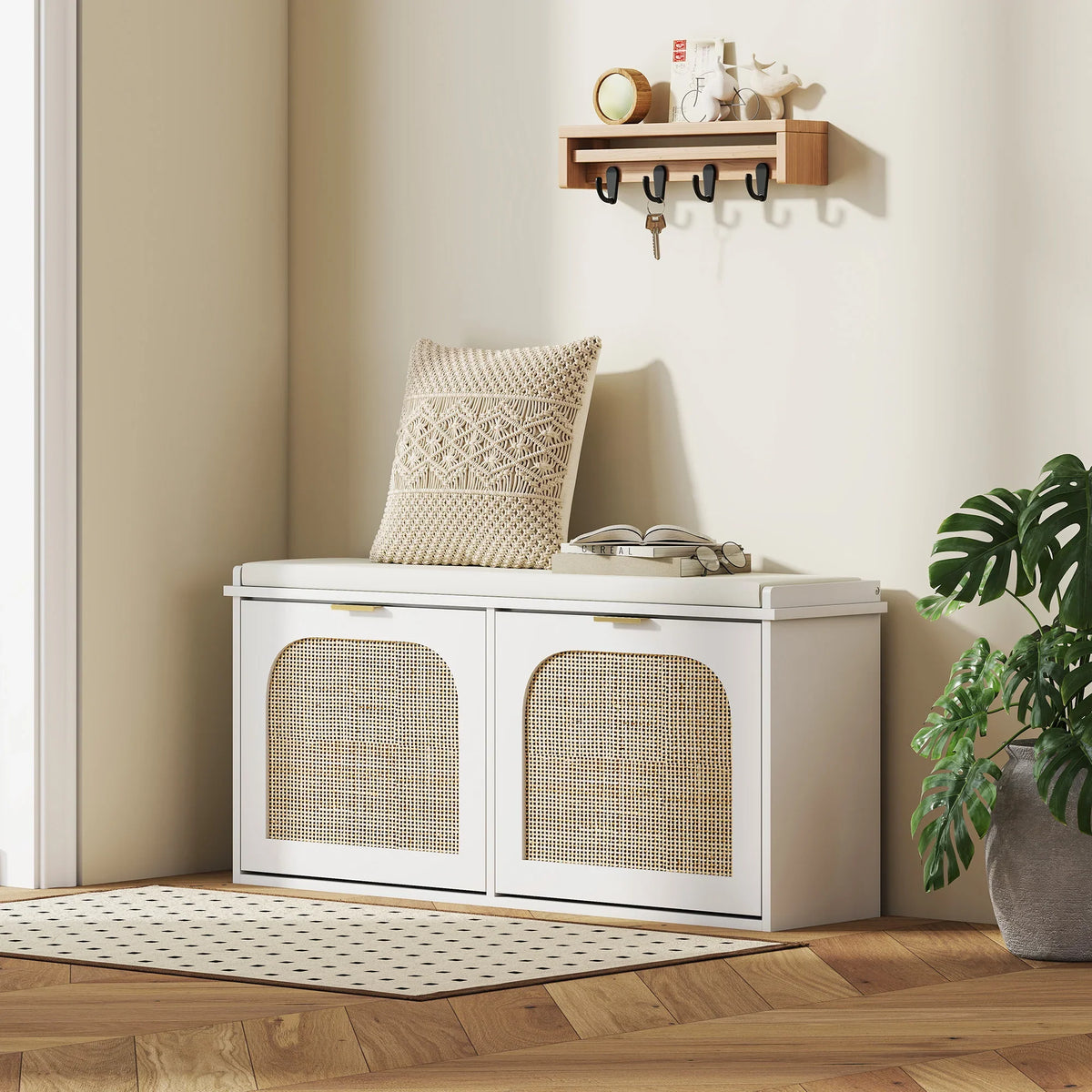 White entry shoe bench with two rattan-style flip drawers and padded top seat