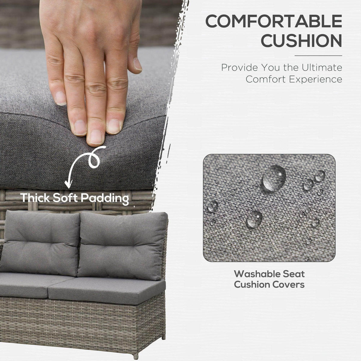 Gray seat cushion with water droplets and washable cover detail