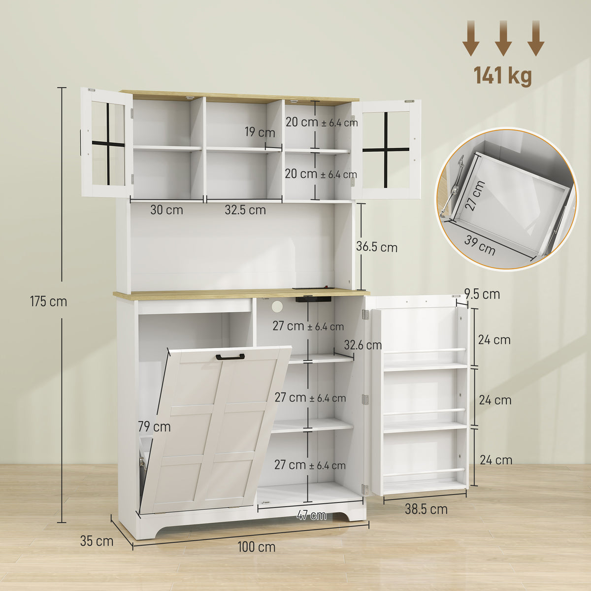 White tall kitchen cabinet with open swing doors, internal shelves, and trash bin bay
