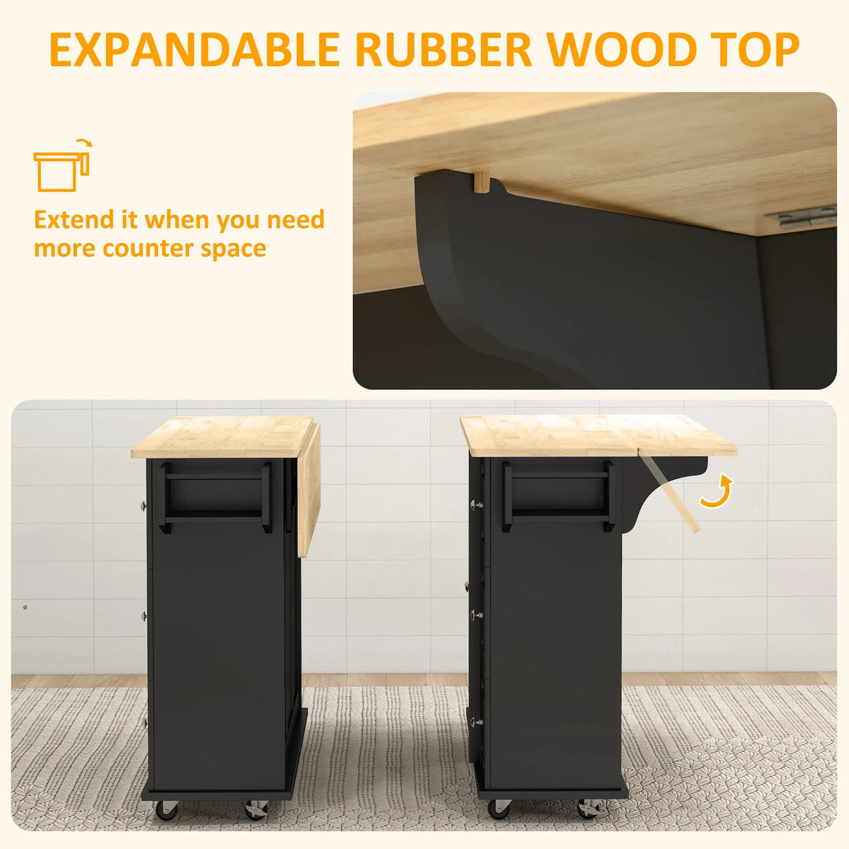 Expandable rubberwood top rolling kitchen island with fold-out drop leaf