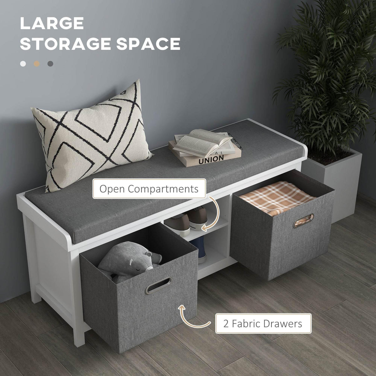 Shoe storage bench with gray seat, open compartments, two fabric drawers and cushioned top