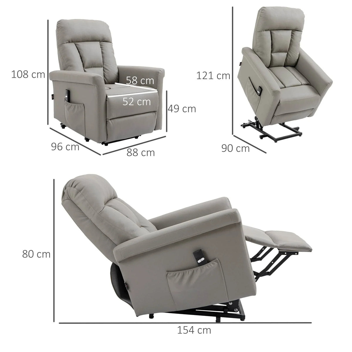 Grey electric lift recliner chair size diagram with dimensions in cm