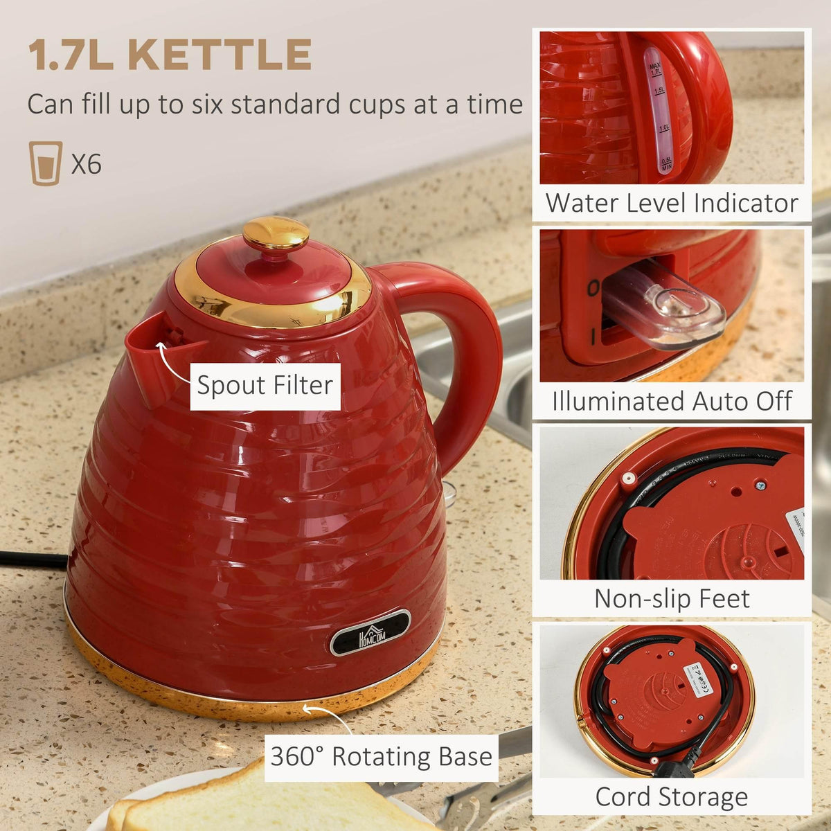 Red 1.7L kettle with water-level indicator and spout filter details