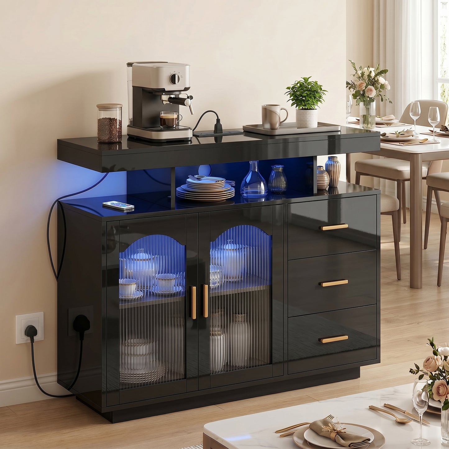 HOMCOM High Gloss Sideboard With LED Lights Built In Power Outlets 3 Drawers Shelves And 2 Acrylic Doors Black