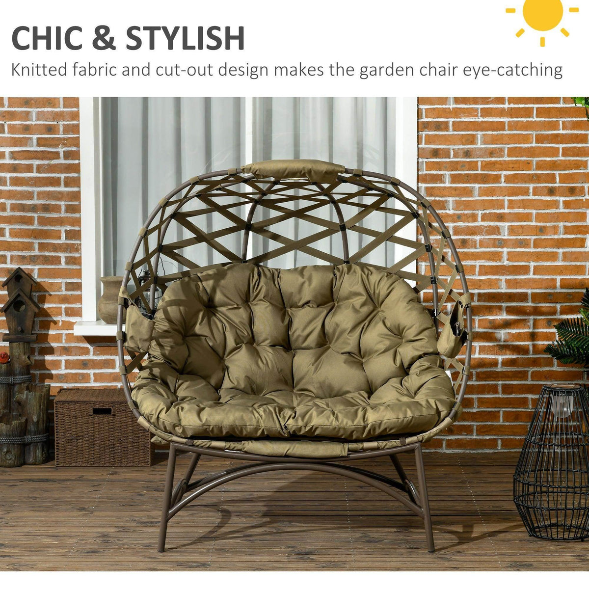 Outdoor egg-shaped garden chair with khaki cushion and woven round basket frame