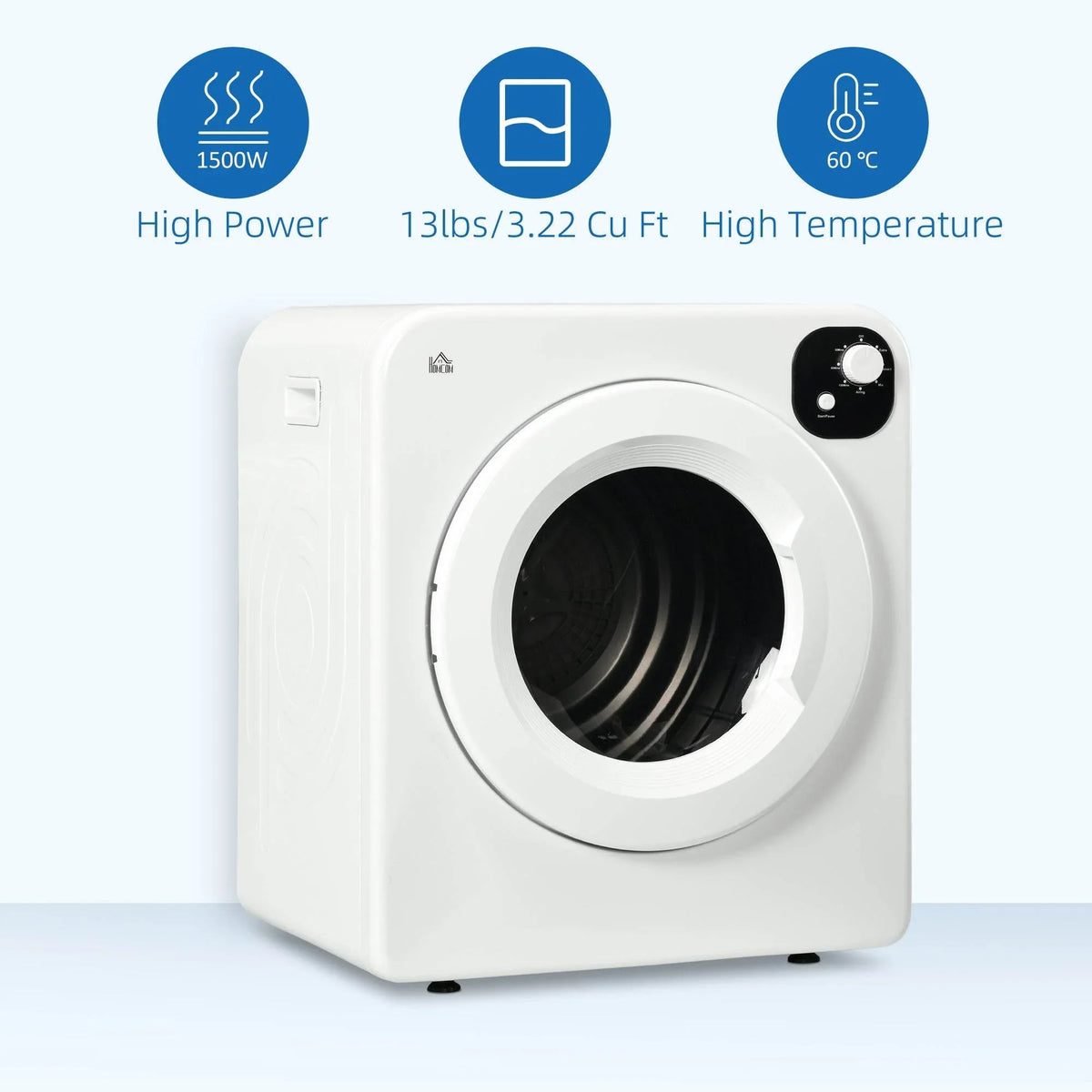 White compact tumble dryer front view with round door and dial control panel