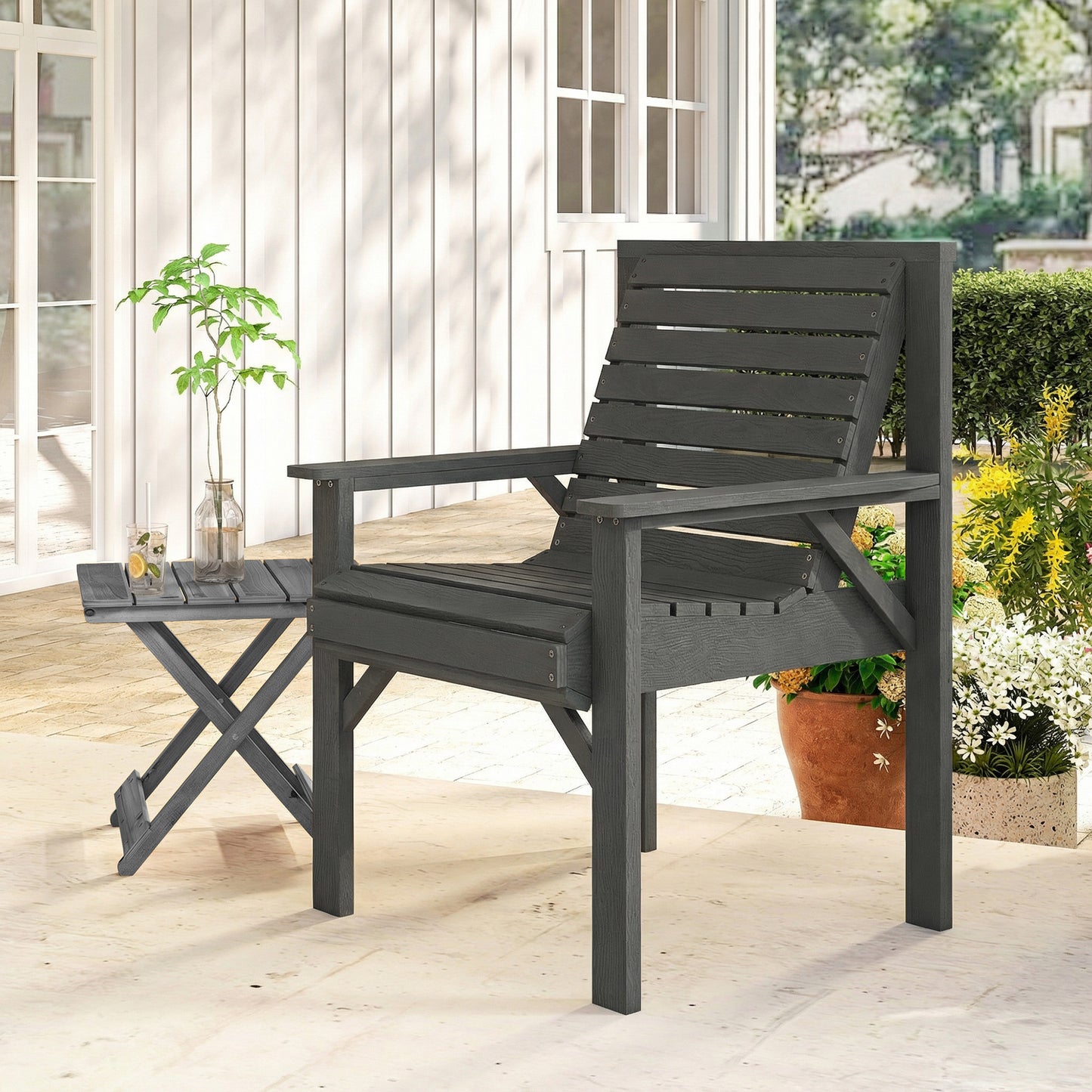 Outsunny Wooden Garden Dining Chair Outdoor Armchair With Curved Seat And Wide Armrests Grey Embossed Finish