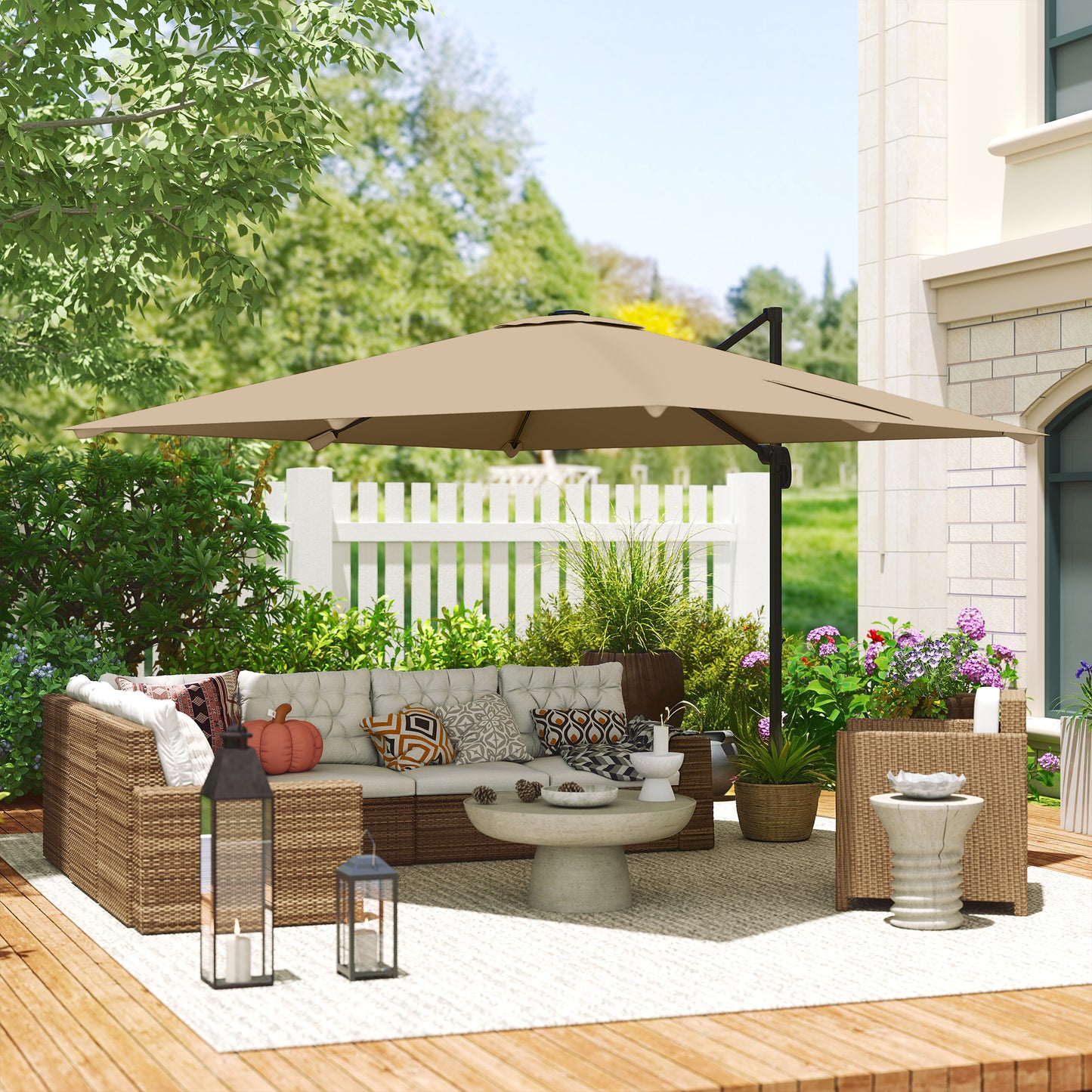 Outsunny 3x3m Cantilever Parasol Square Patio Umbrella With Crank Handle Cross Base Tilt 360 Degree Rotation Khaki