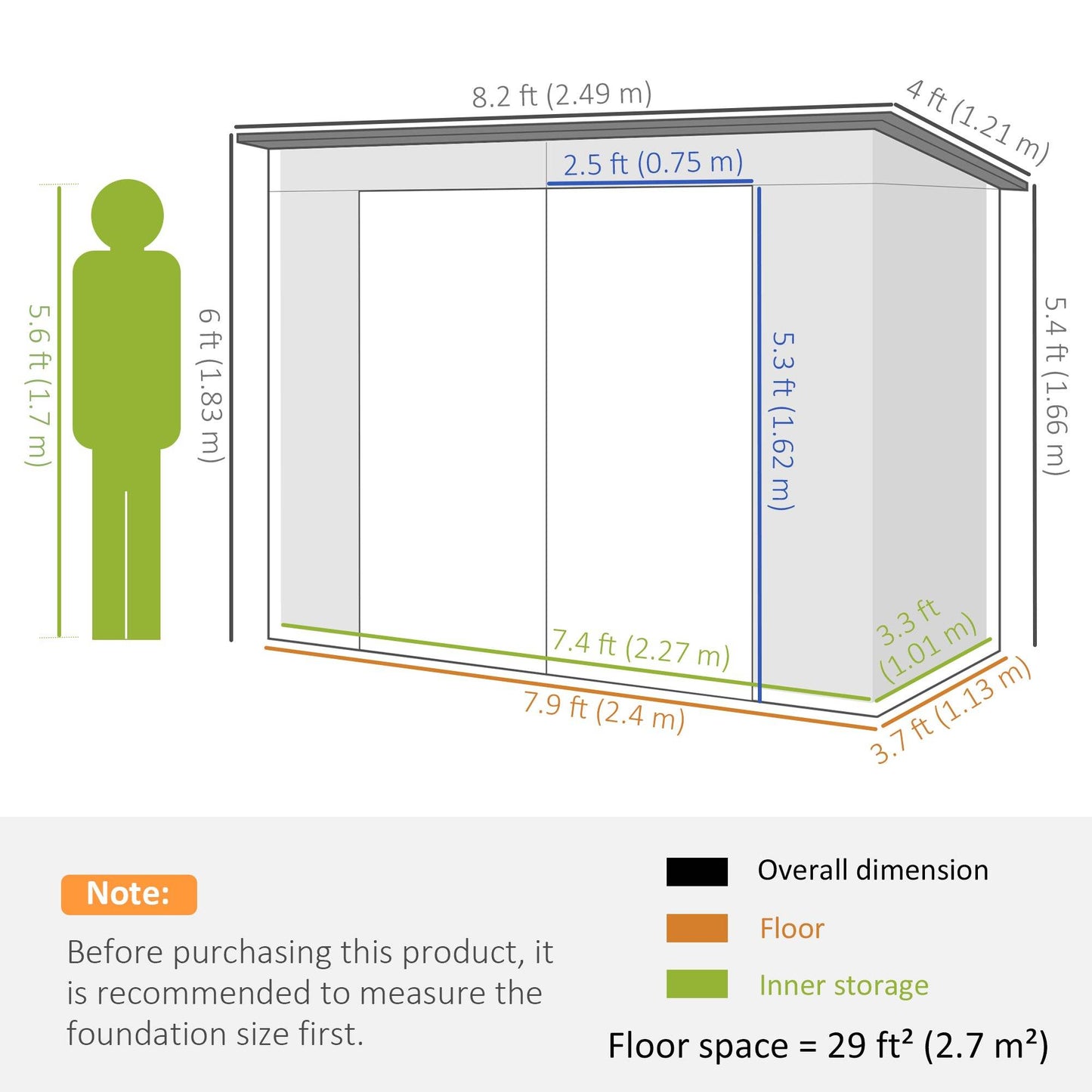 Garden storage shed size diagram with overall dimensions and floor space for 8 x 4 ft shed