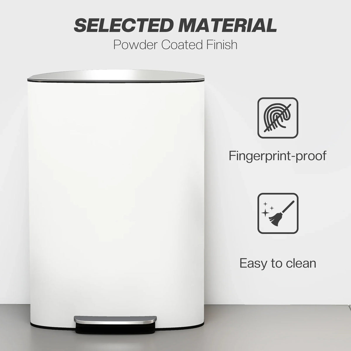 White powder-coated pedal trash bin with fingerprint-proof finish and black base