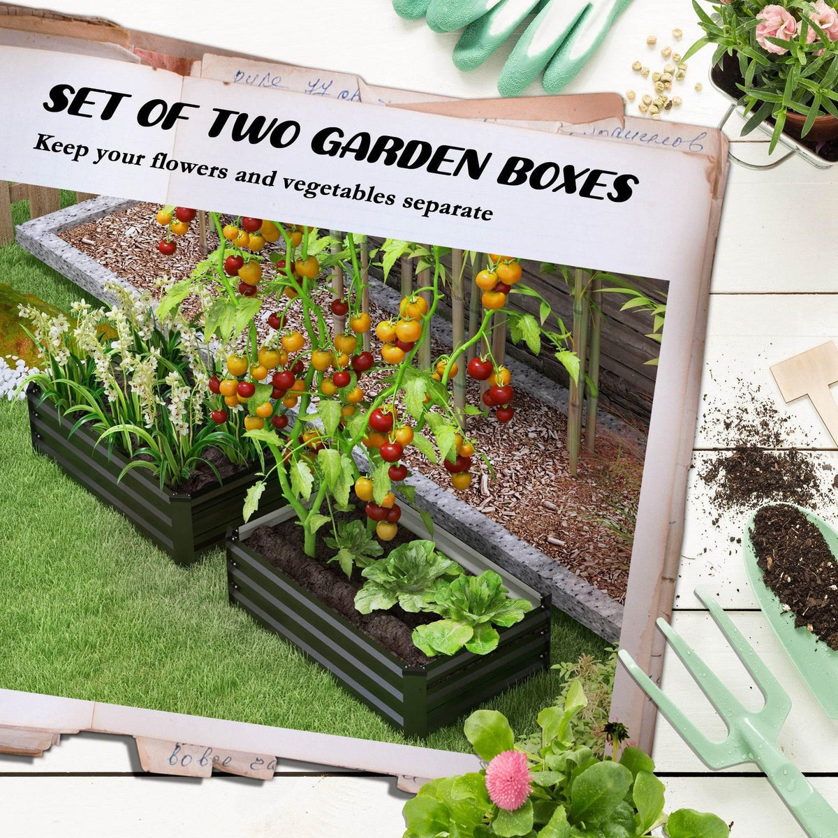Dark grey set of two elevated garden planter boxes graphic with plants