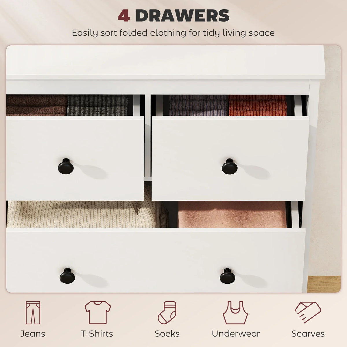 White 4-drawer chest of drawers with drawers open and black round knobs