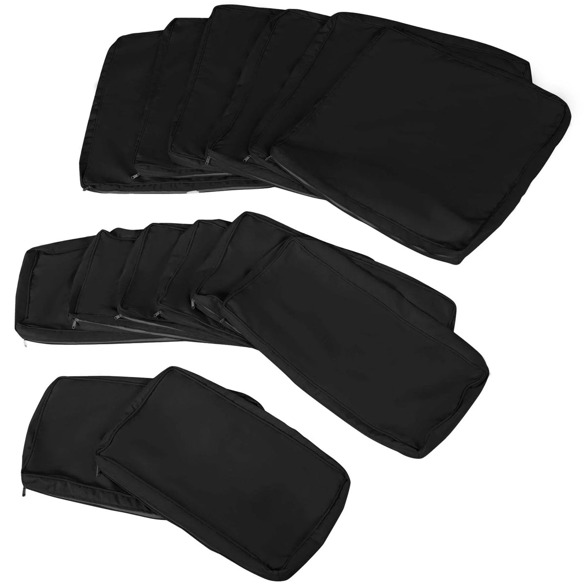 Set of black polyester outdoor sofa cushion replacement covers laid out on white.