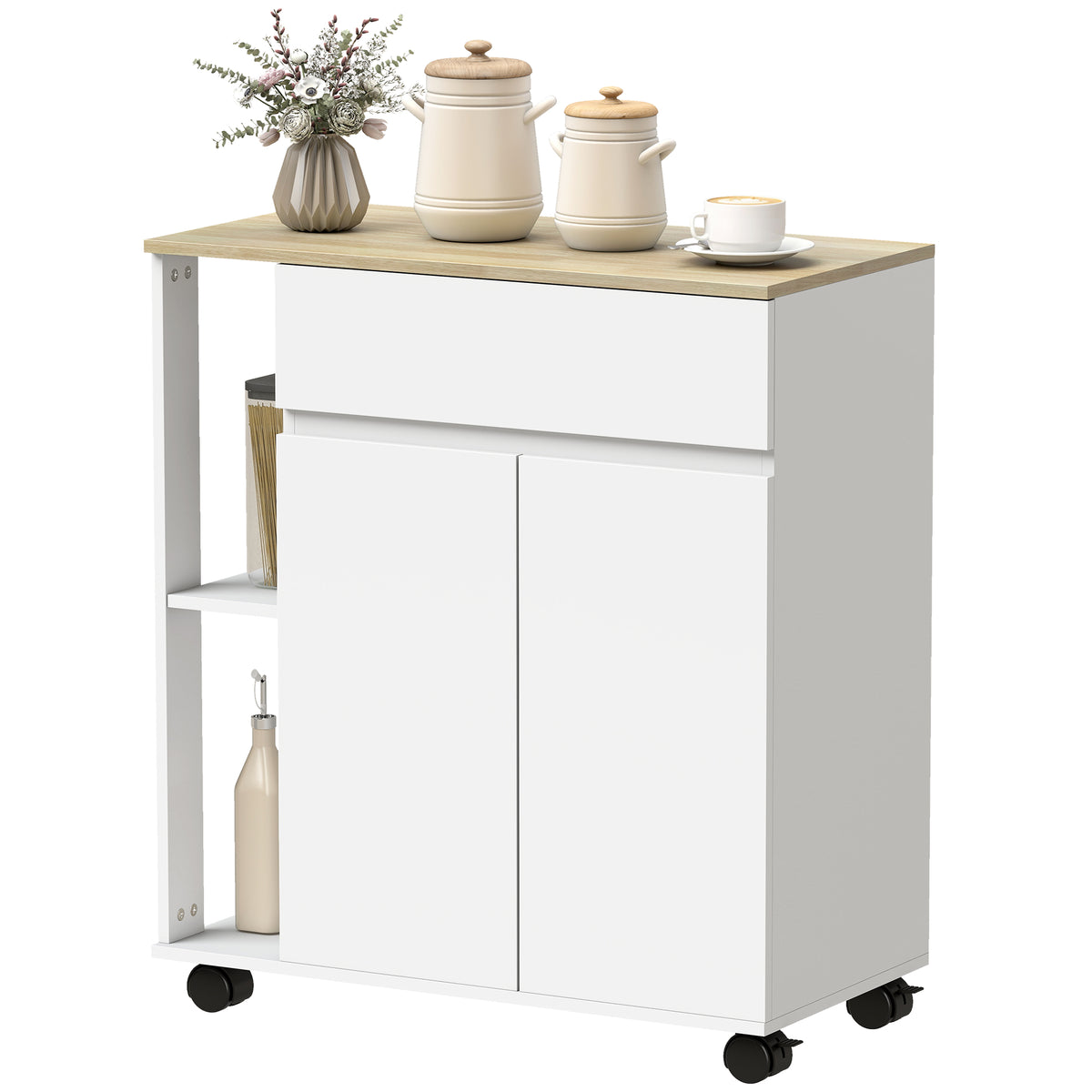 HOMCOM Rolling Kitchen Trolley Cart with Cabinet Drawer and Shelves White