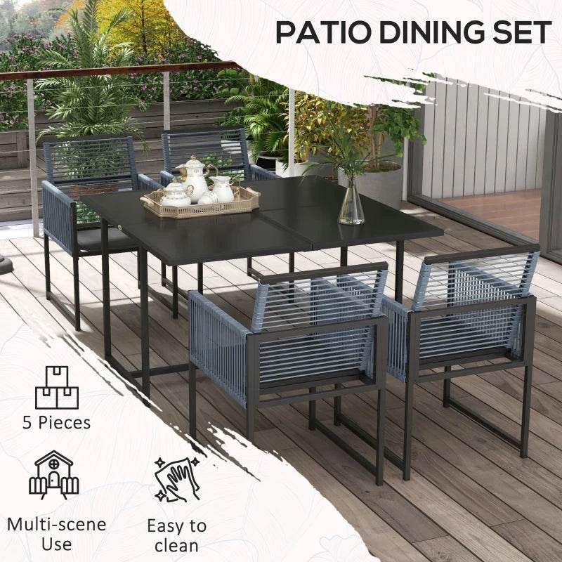 5-piece outdoor dining set: rectangular metal table and four folding-back chairs, dark gray
