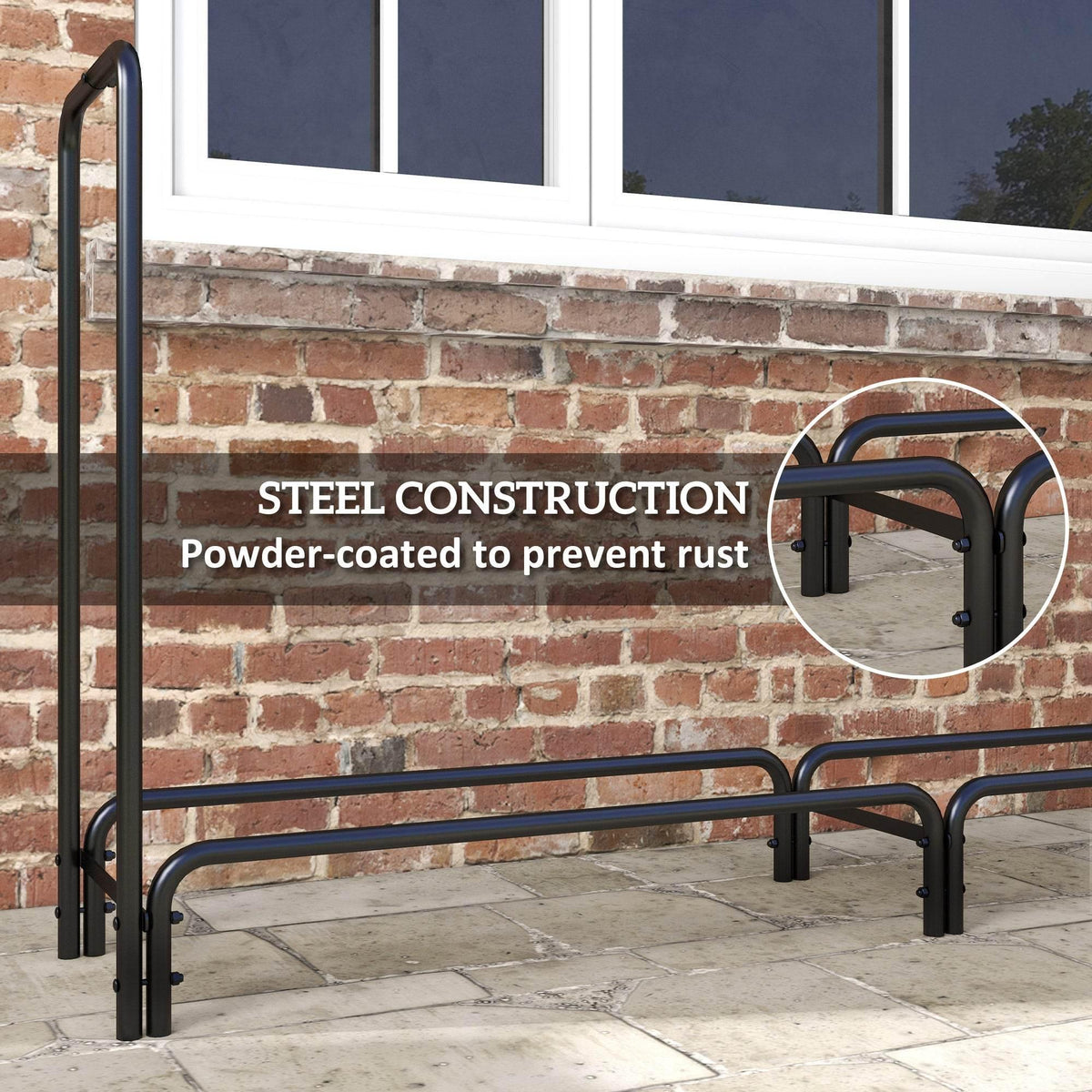 Black powder-coated steel firewood rack frame with curved legs and supports