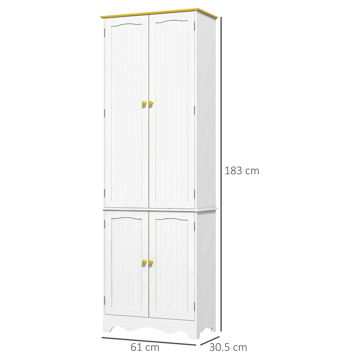 White wood-effect tall cabinet with four doors, yellow knobs, and curved base