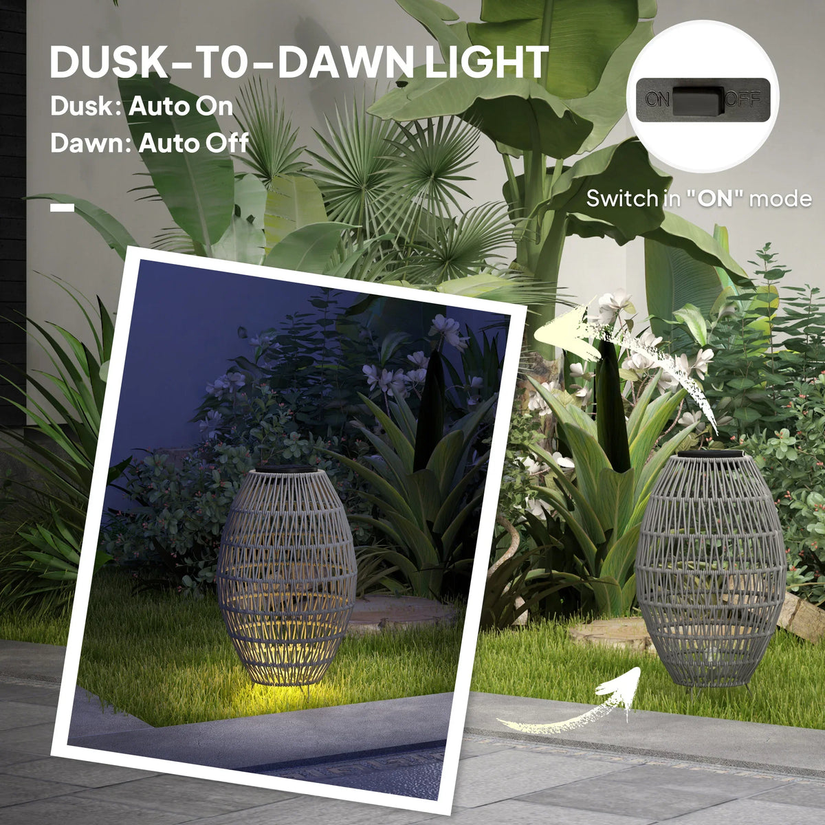 Grey rattan solar lantern with dusk-to-dawn auto on off switch graphic