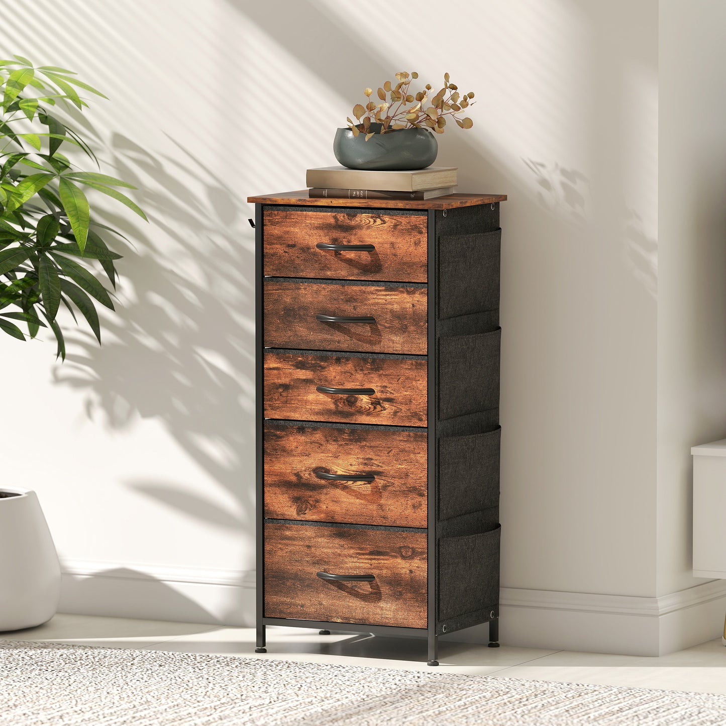 HOMCOM Five Drawer Fabric Chest Rustic Brown Finish With Steel Frame For Bedroom Storage