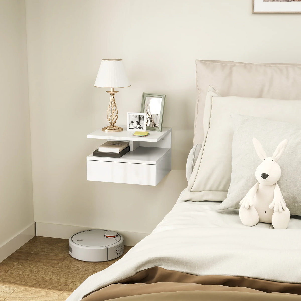 Wall-mounted high-gloss white nightstand with pull-out drawer and open shelf