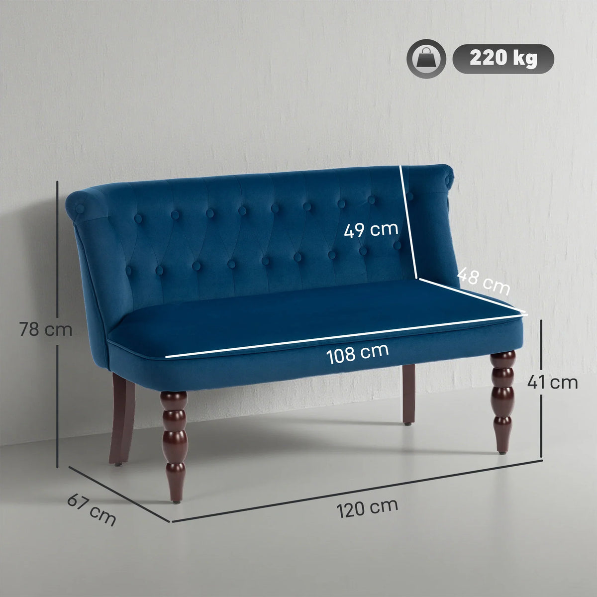 Dark blue velvet loveseat with button-tufted backrest, rounded arms, and wooden legs