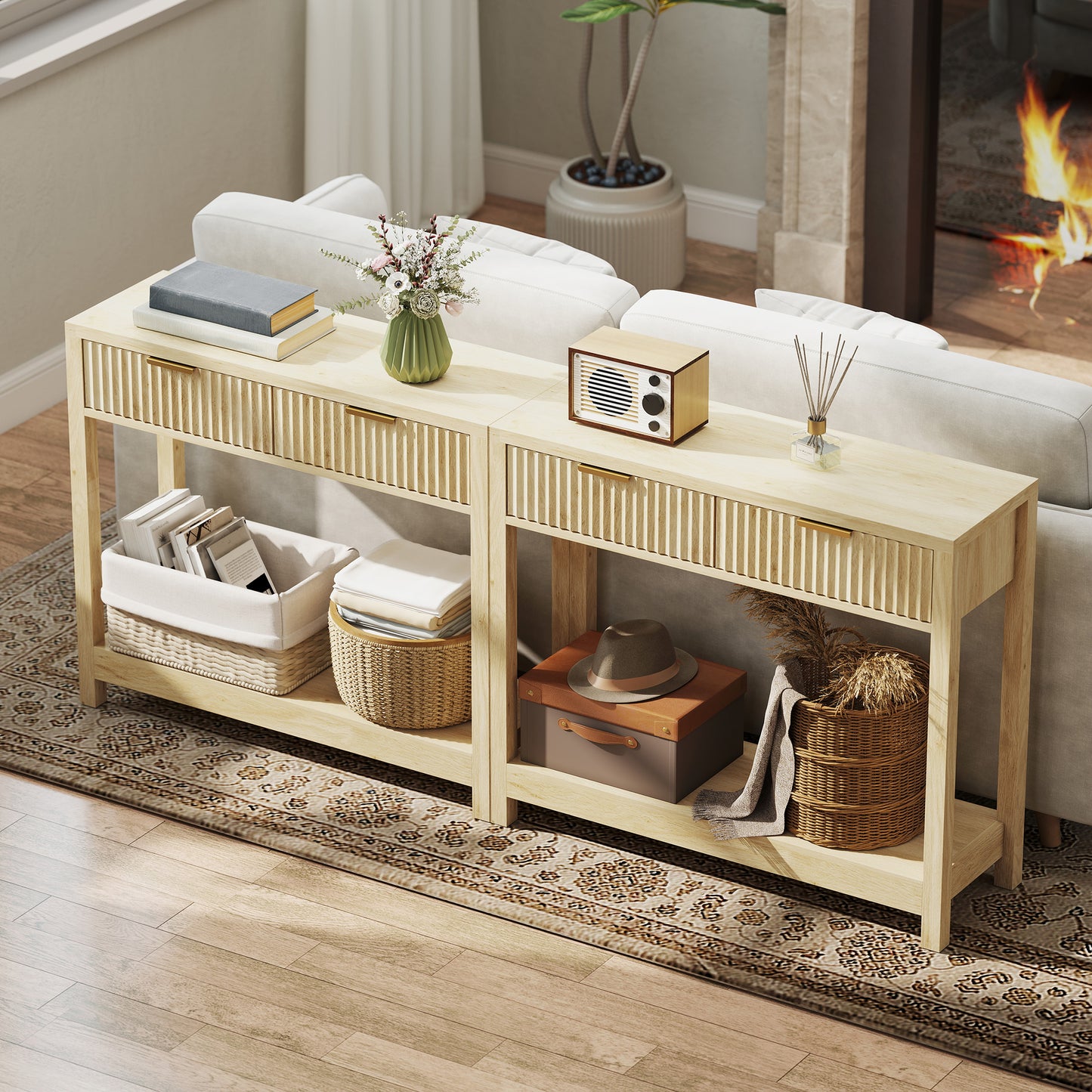 HOMCOM Modern Console Table With Fluted Panel Drawers Narrow Hallway Entryway Table With Open Shelf Natural Wood Finish