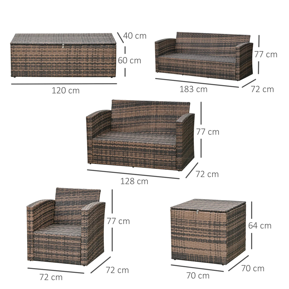 Rattan outdoor seating set size diagram with sofa, chairs, and storage table dimensions