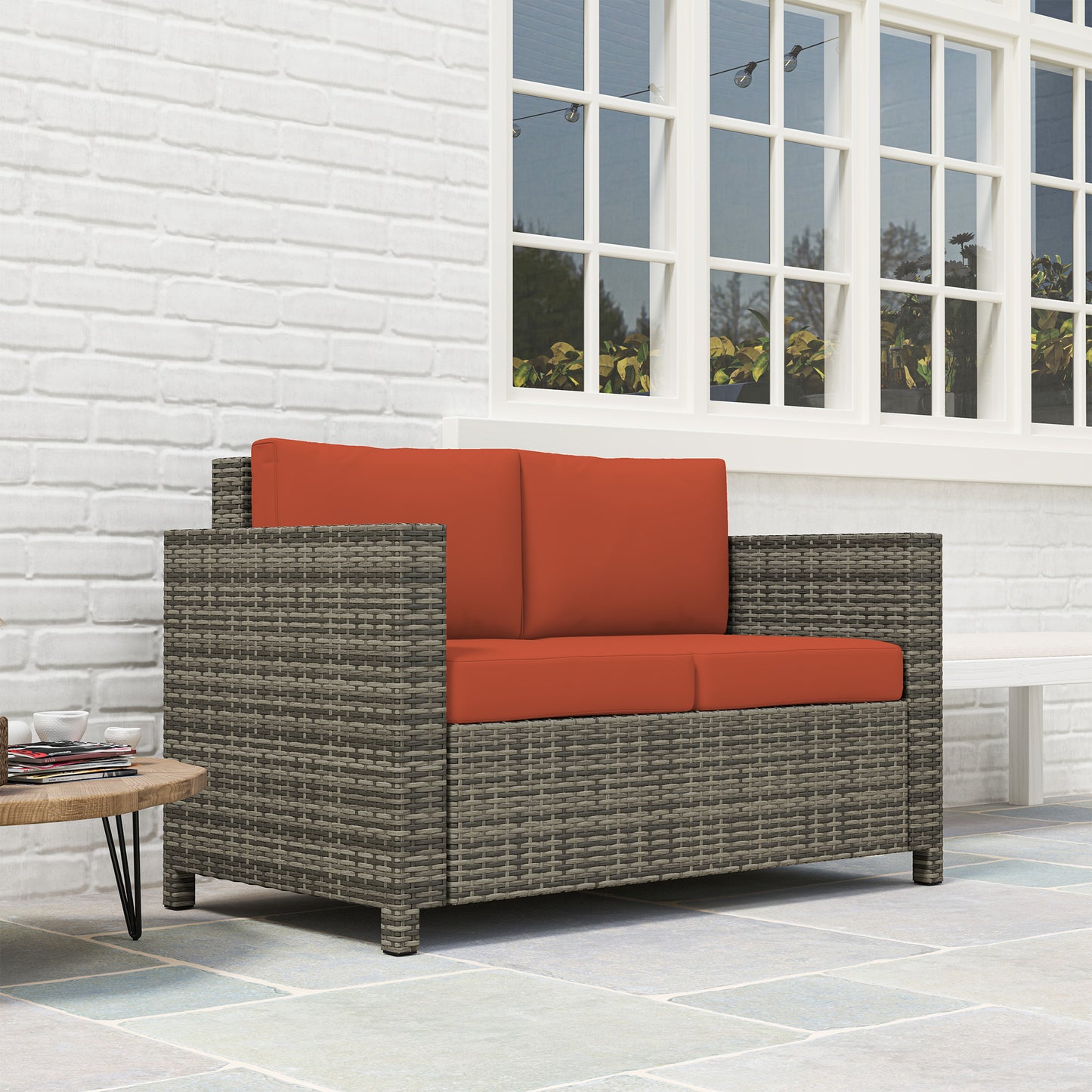 Outsunny Rattan 2 Seater Sofa With Soft Cushions Armrests Garden Loveseat For Patio Grey Water Resistant