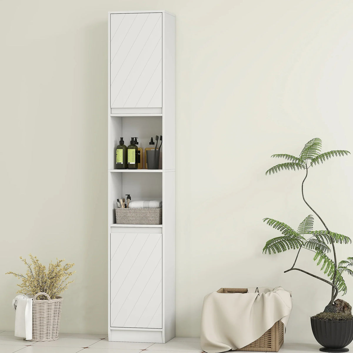 White tall narrow bathroom cabinet with open shelves and paneled doors, vertical storage
