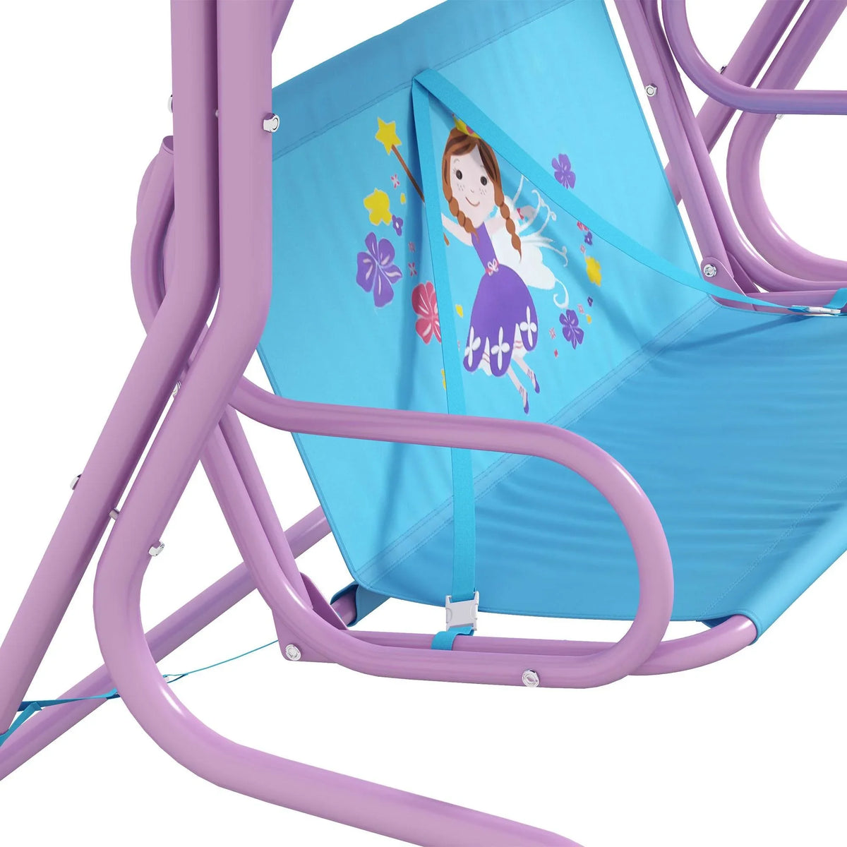 Blue seat panel with fairy print and purple side rails, belt attachments shown